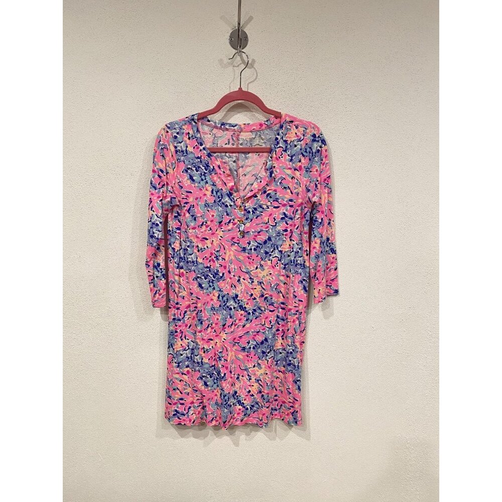 Lilly Pulitzer Banyan Dress Womens Small Pink Blue Print 3/4 Sleeve Pima Cotton